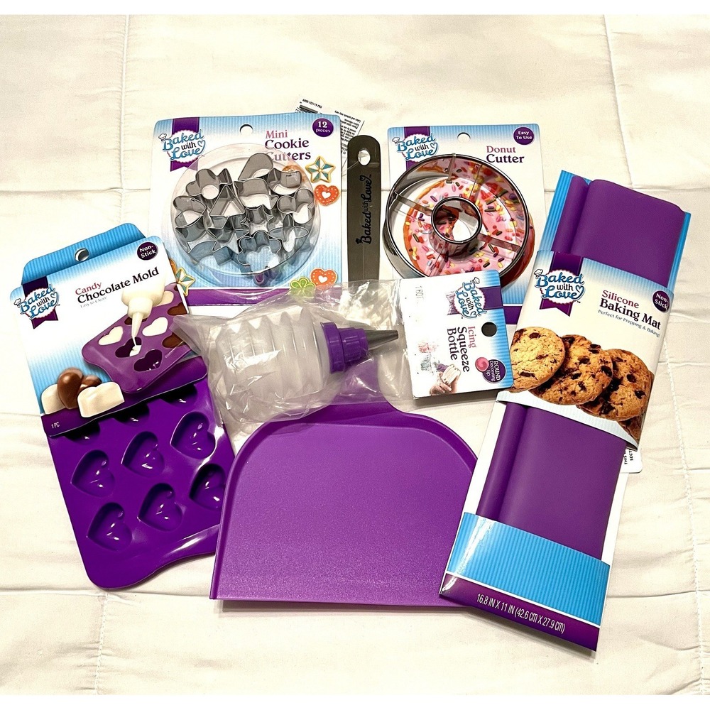 Baked With Love Cookie-Donut Cutter, Purple Candy Mold, Mat-Scoop-Decor Bottle